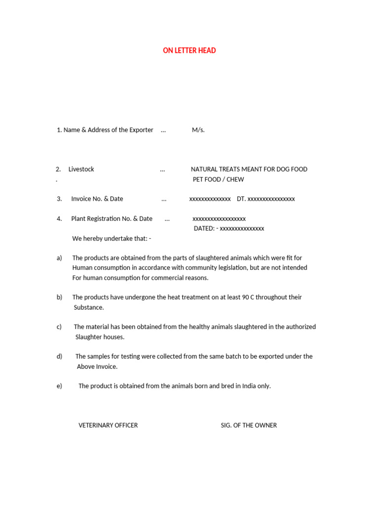 Export Declaration for Dog Food Products | PDF