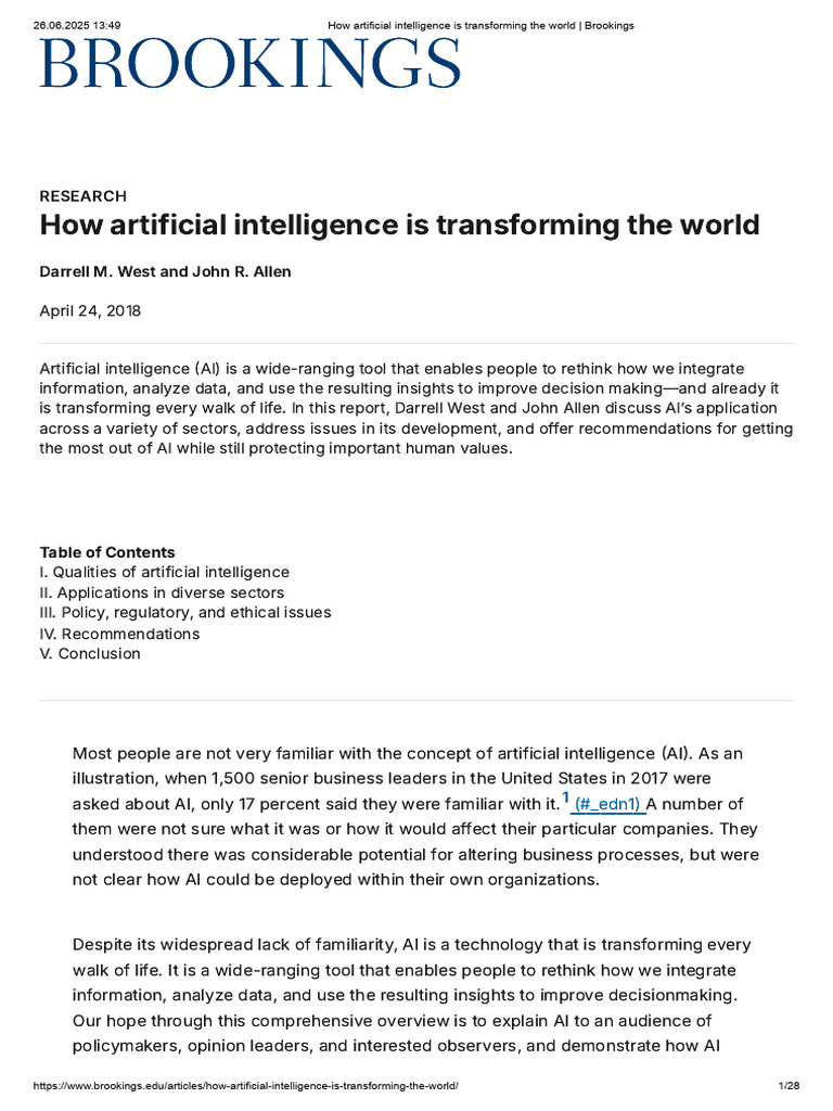 How Artificial Intelligence Is Transforming The World - Brookings | PDF ...