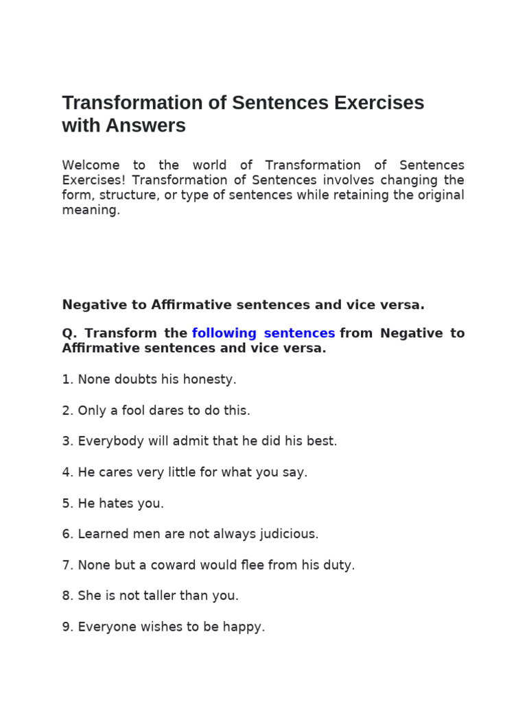 Sentence Transformation Exercises with Answers | PDF | Adverb ...