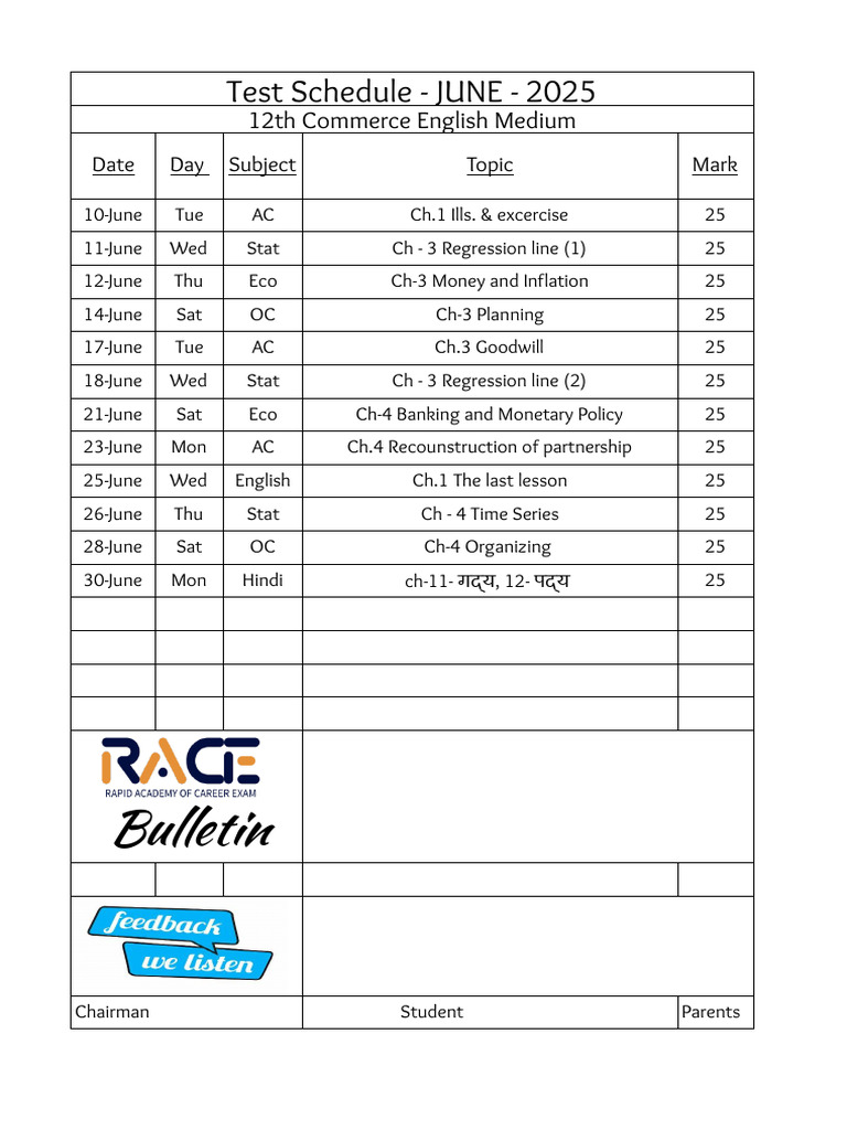 June 2025 Test Schedule for Commerce | PDF