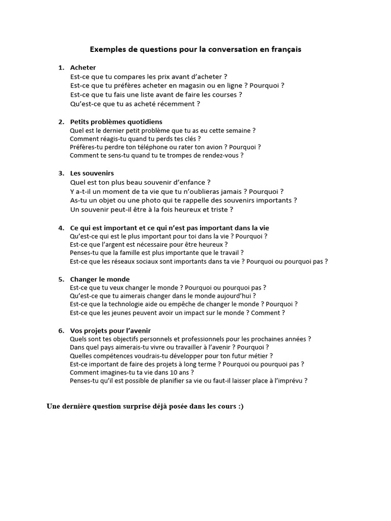 Questions de conversation en français | PDF
