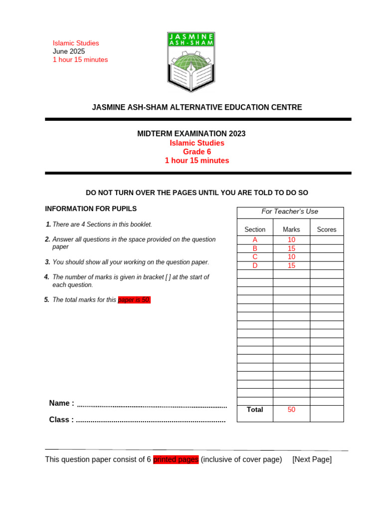 Grade 6 Islamic Studies Exam 2023 | PDF | Quran | Islam