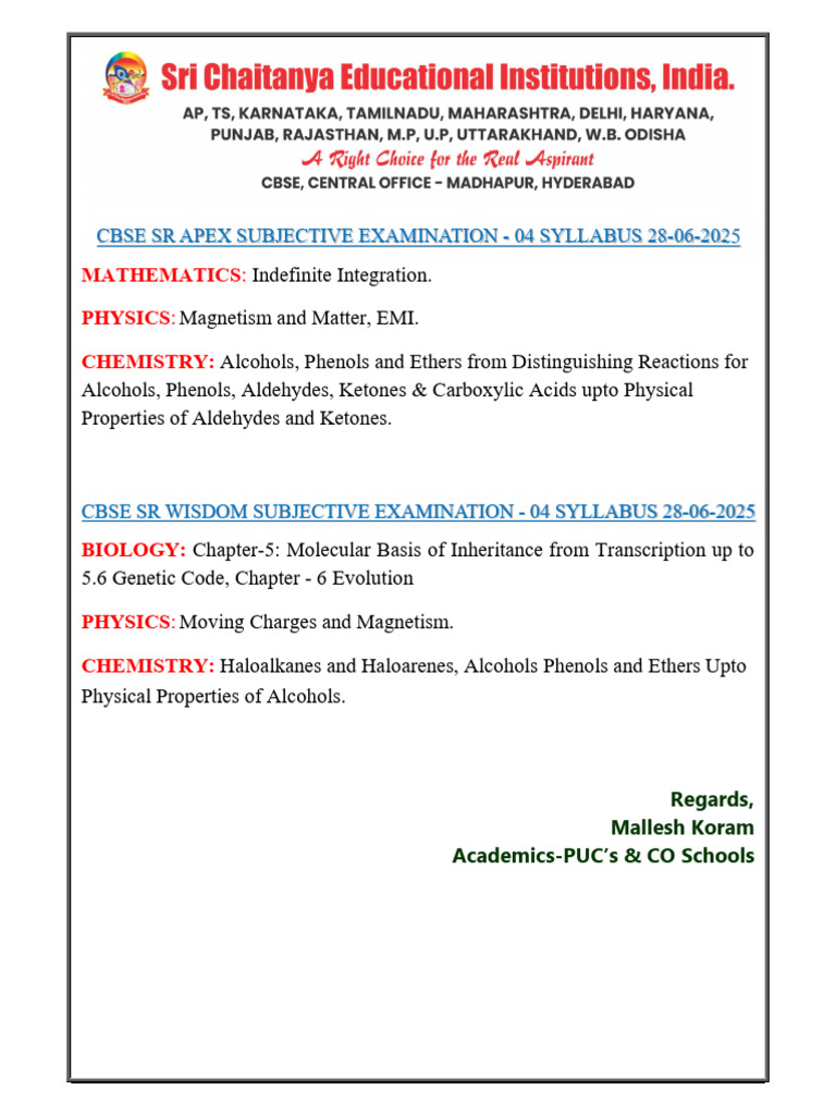 CBSE SR Apex & Wisdom Exam Syllabus 2025 | PDF