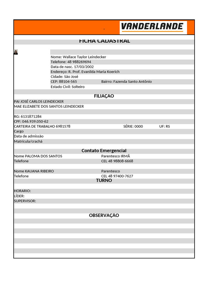 Ficha Cadastral de Wallace Leindecker | PDF