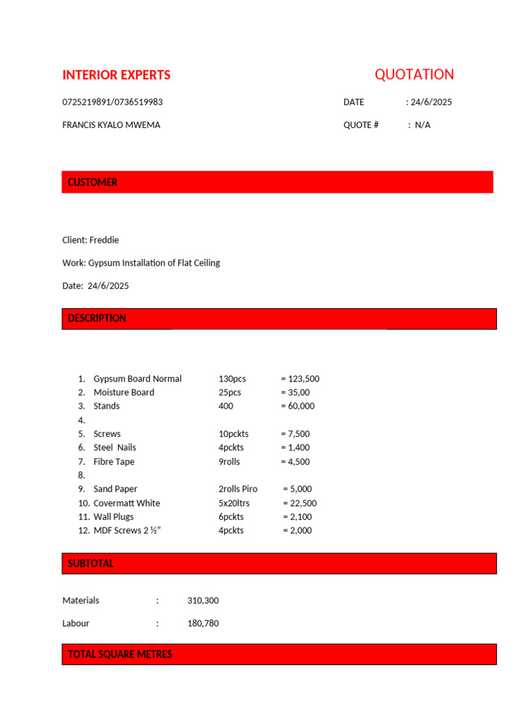 Gypsum Ceiling Work Quotation | PDF