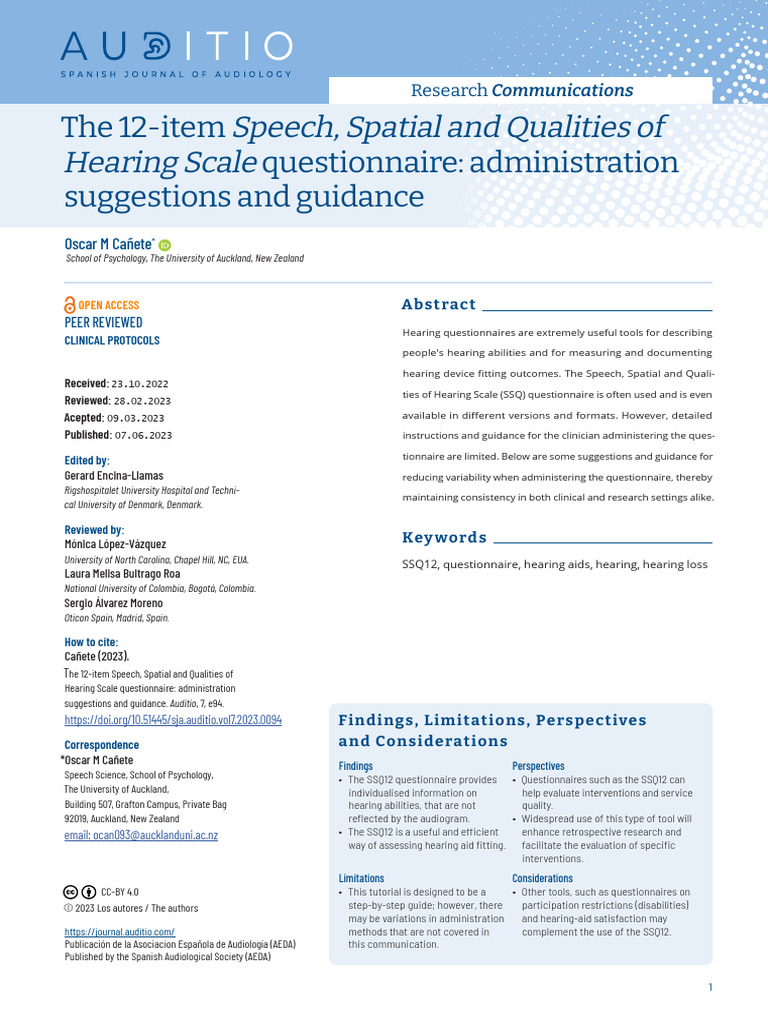 SSQ12 Questionnaire Administration Guide | PDF | Audiology | Hearing Aid