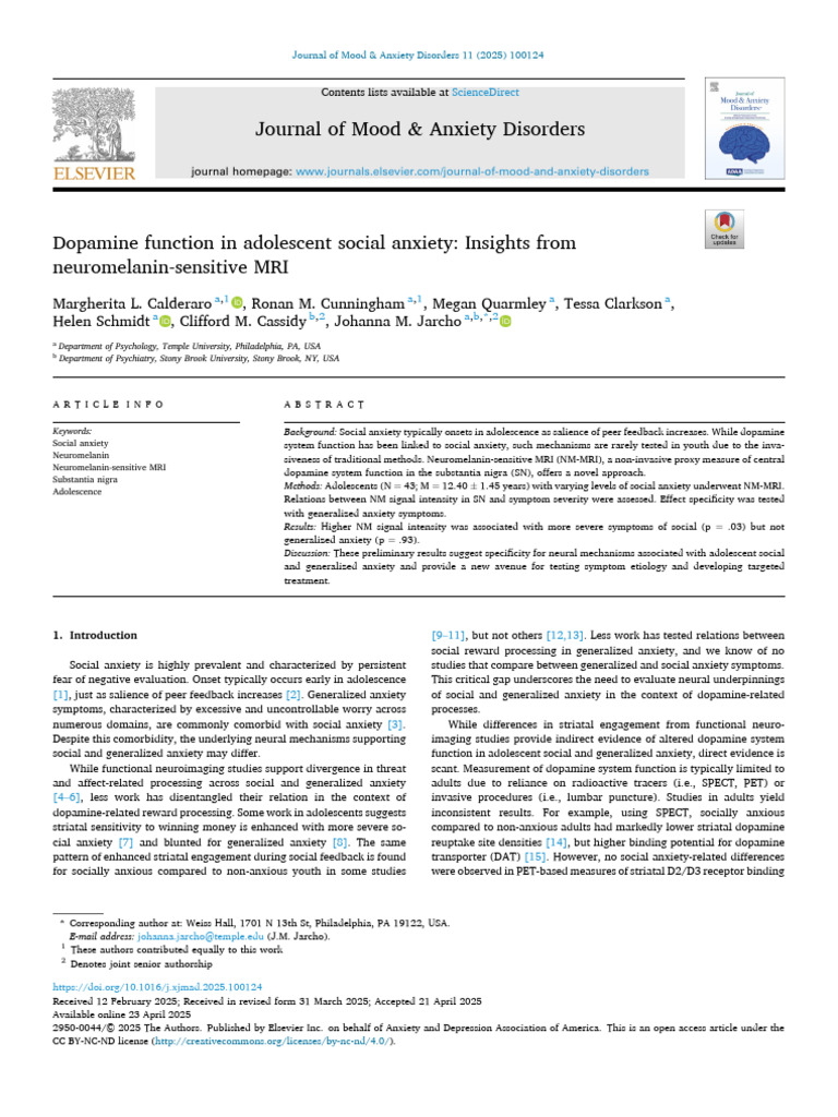 DA Function in Adolescent Social Anxiety | PDF | Anxiety | Social ...