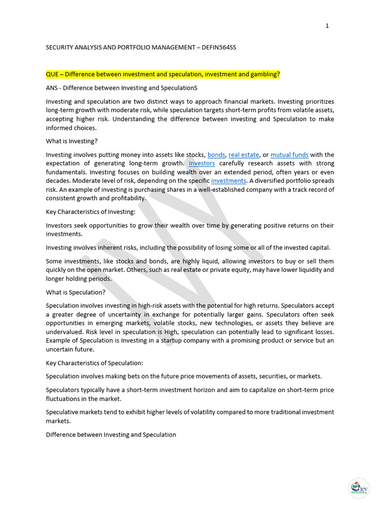 Security Analysis and Portfolio Management - Defin564 | PDF | Bonds ...