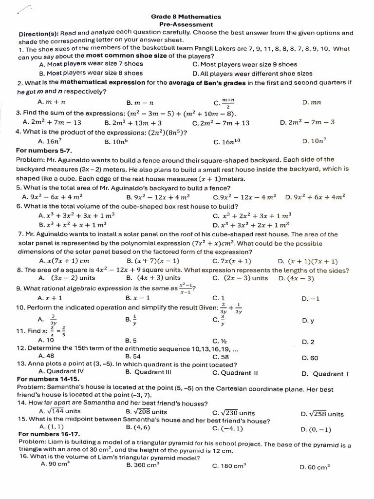 Grade 8 Maths Pre-Assessment Questions | PDF | Cartesian Coordinate ...