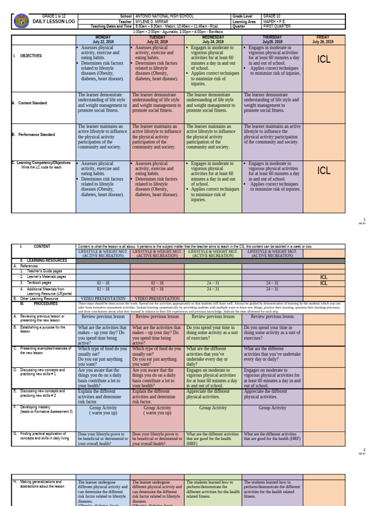 July 22 - 26 Mapeh g10 2019 DLL | PDF | Physical Fitness | Learning