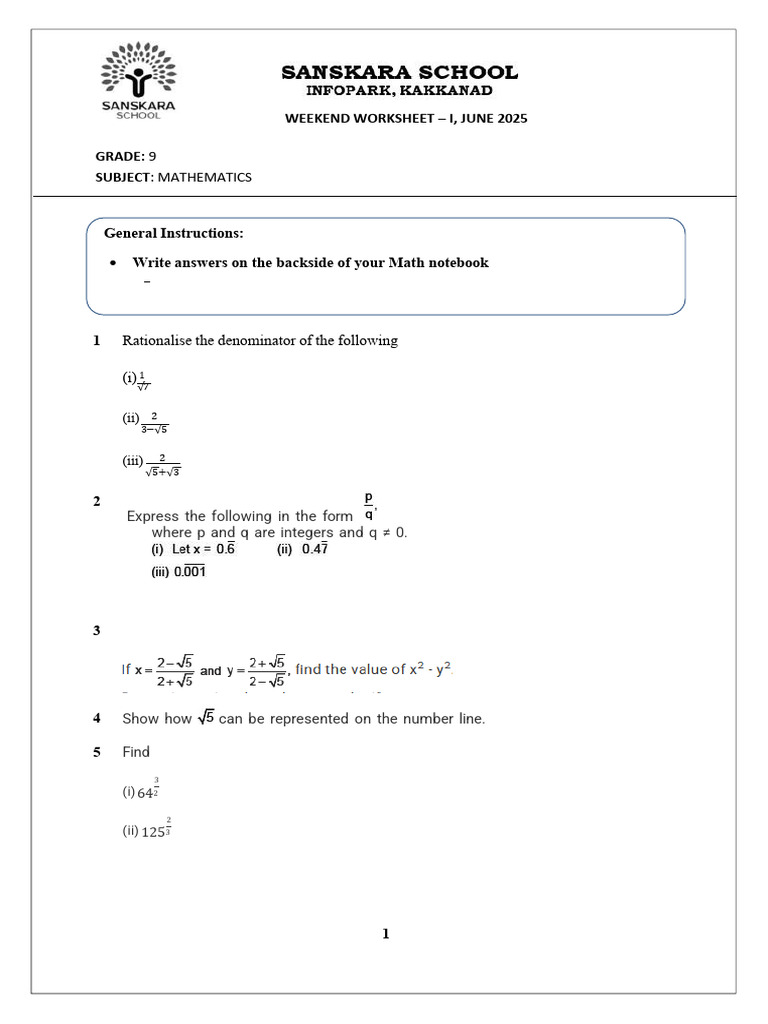 9th Grade Math Rationalization Worksheet | PDF