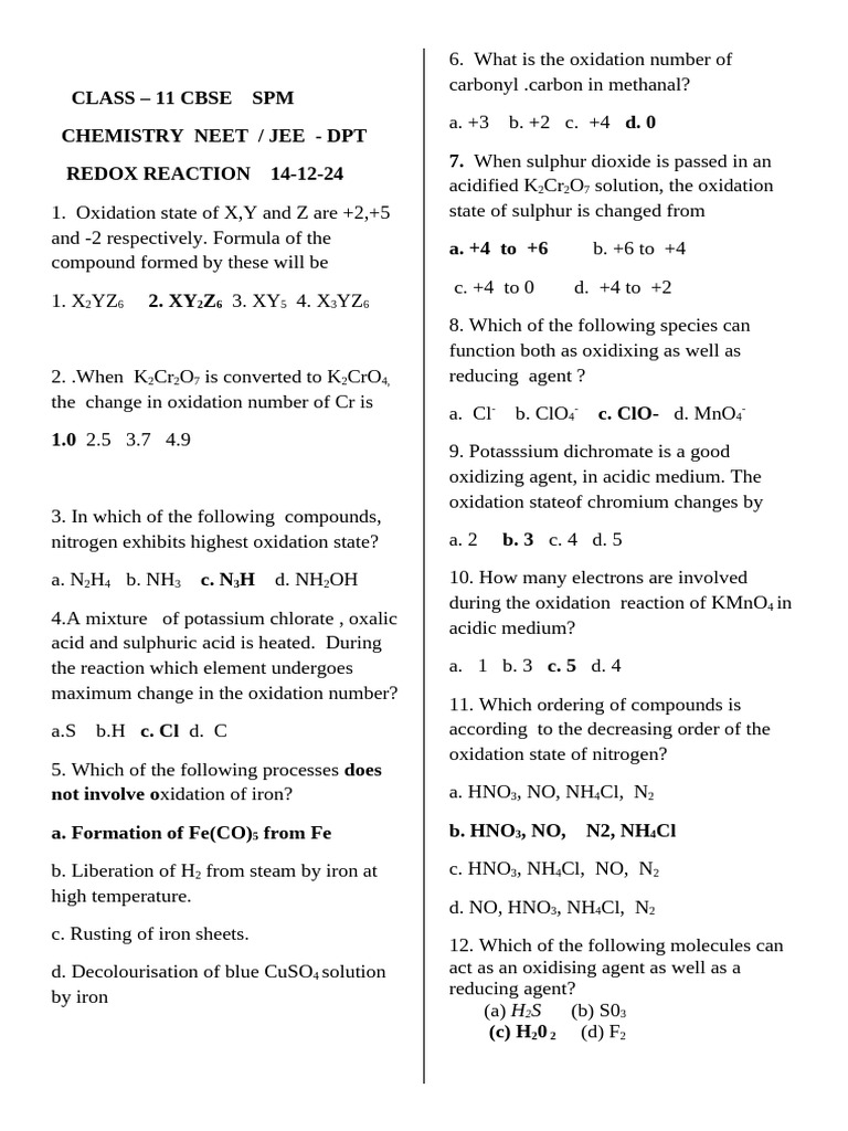 Redox DPT 14 - 12-24 Cbse | PDF | Redox | Nitric Acid