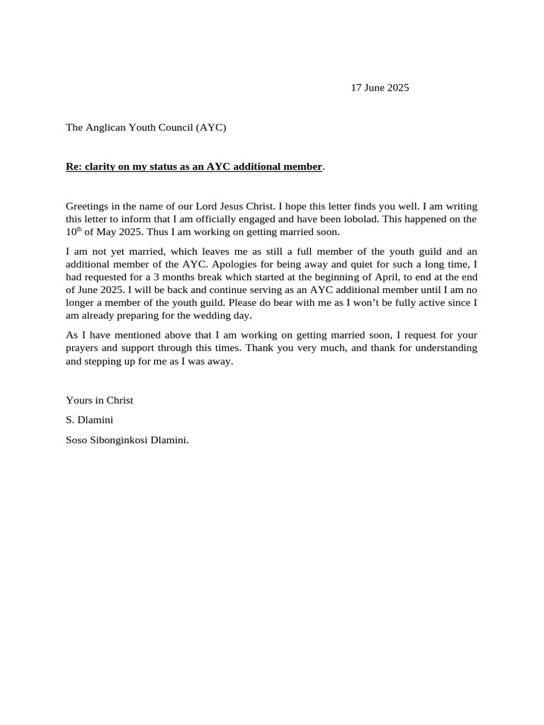 AYC Member Status Update and Wedding Plans | PDF