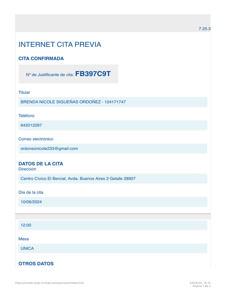 Justificante de La Cita Empadronamiento | PDF