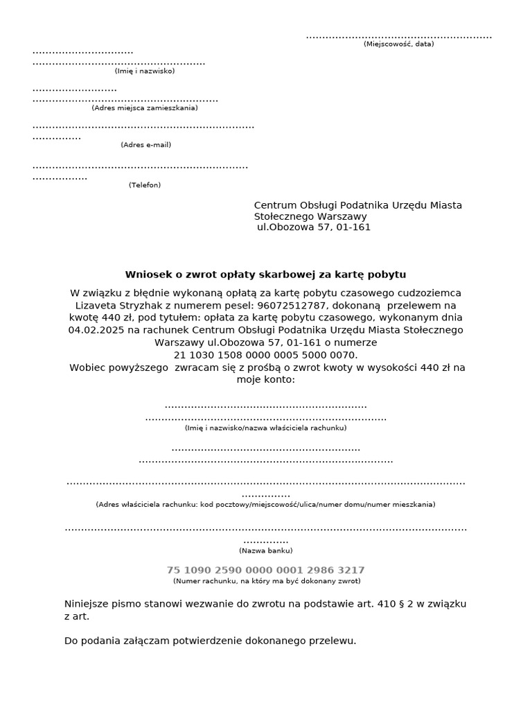 Podanie o Zwrot Oplaty | PDF