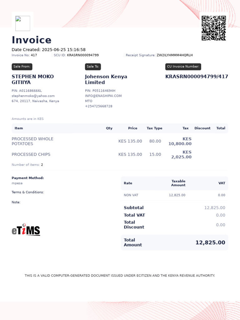 Invoice for Processed Potatoes & Chips | PDF