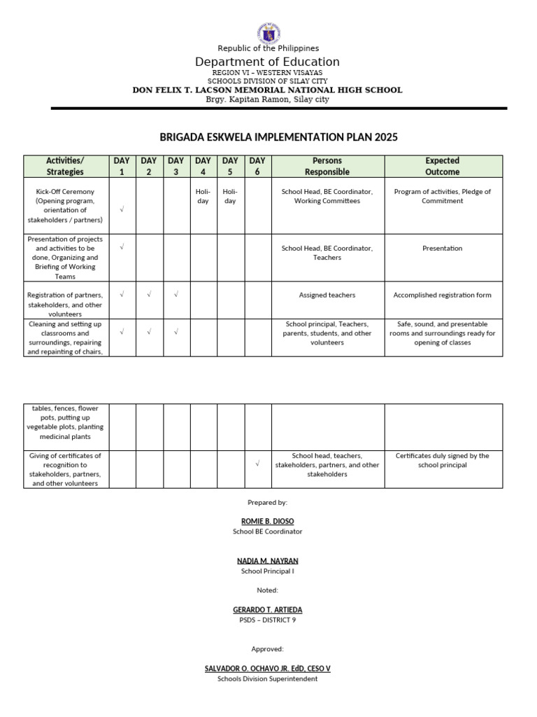 Brigada Eskwela 2025 Implementation Plan | PDF