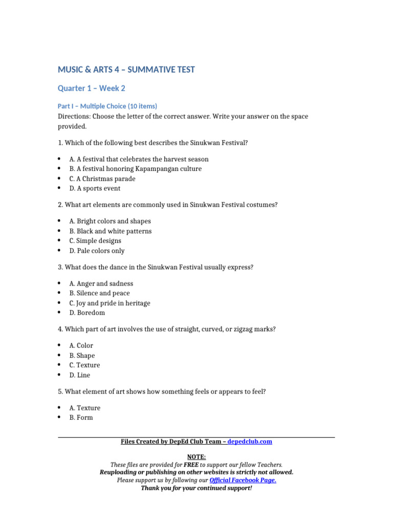 Summ Test Music and Arts 4 q1 w2 | PDF | Rhythm | Dances