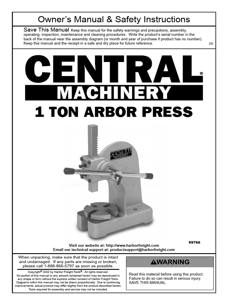 1 Ton Arbor Press Owner’s Manual | PDF | Gear | Legal Liability