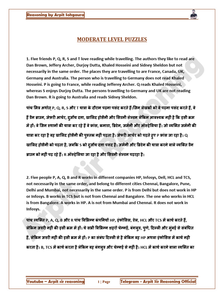 Moderate Level Puzzles: Reasoning by Arpit Sohgaura | PDF