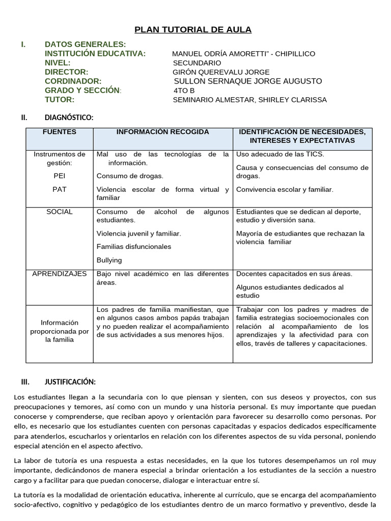 Plan de Tutoría para Secundaria 4to B | PDF | Plan de estudios ...