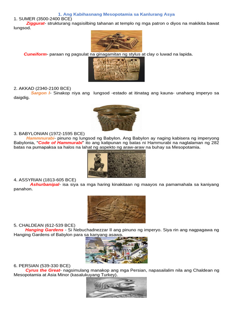 Notes Mga Pamana Ng Mga Sinaunang Kabihasnan Sa Daigdig Mesopotamia to ...