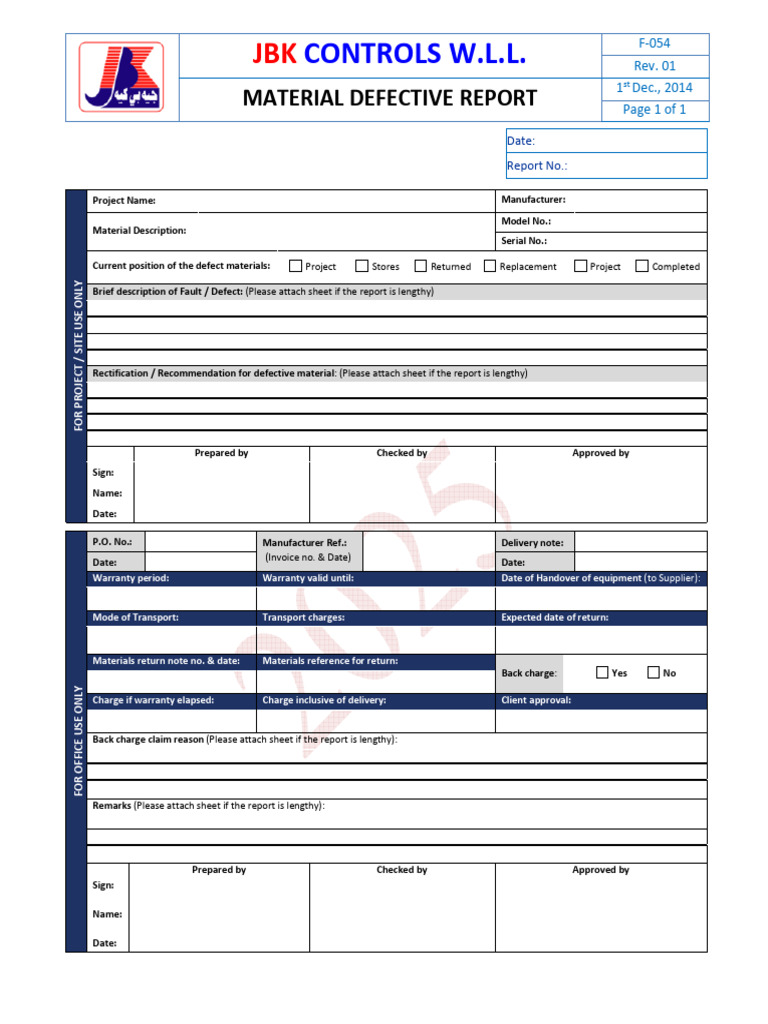 Material Defective Report Template | PDF
