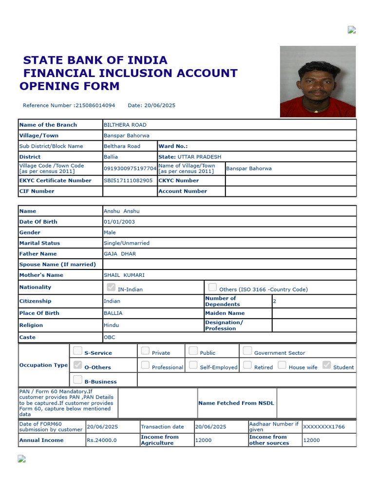 SBI Financial Inclusion Account Form | PDF