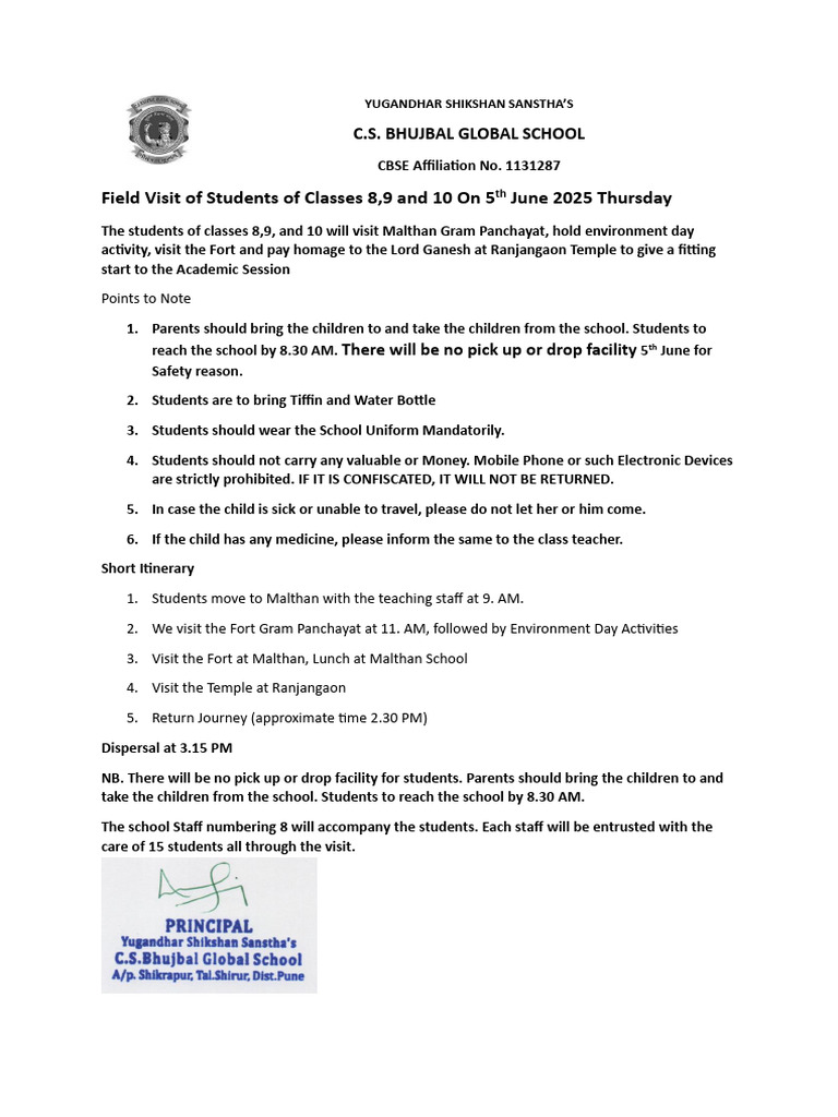 Field Visit On 5 June 2025 Information To Parents | PDF