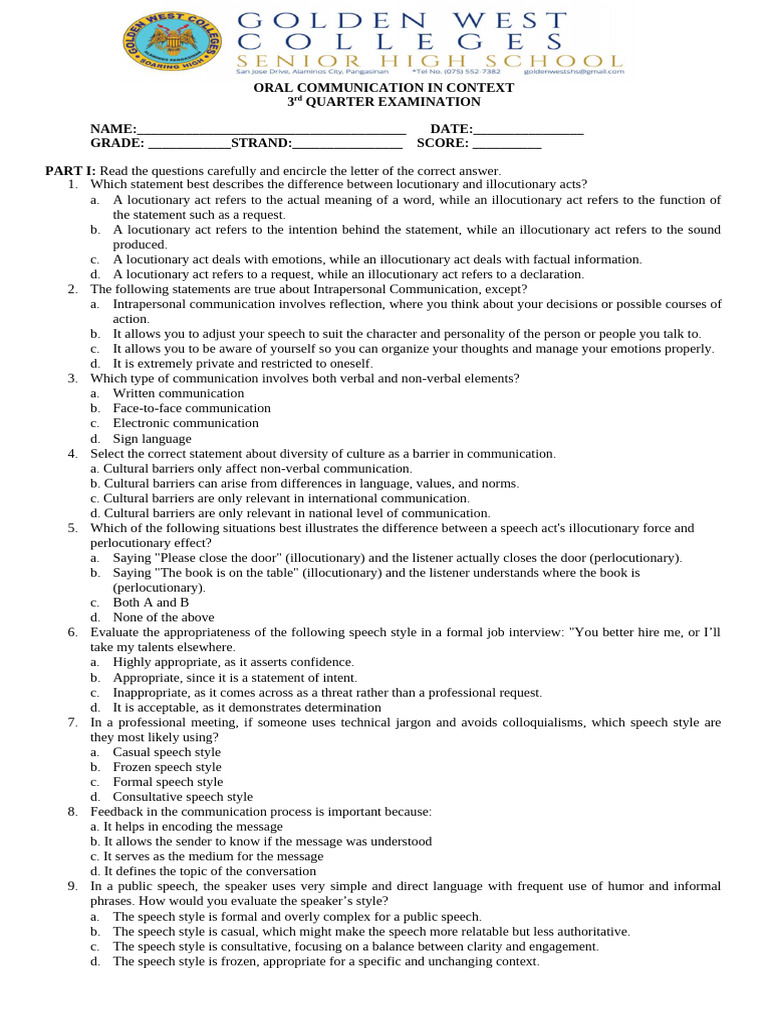 Oral Communication Exam Guide | PDF | Communication | Nonverbal ...