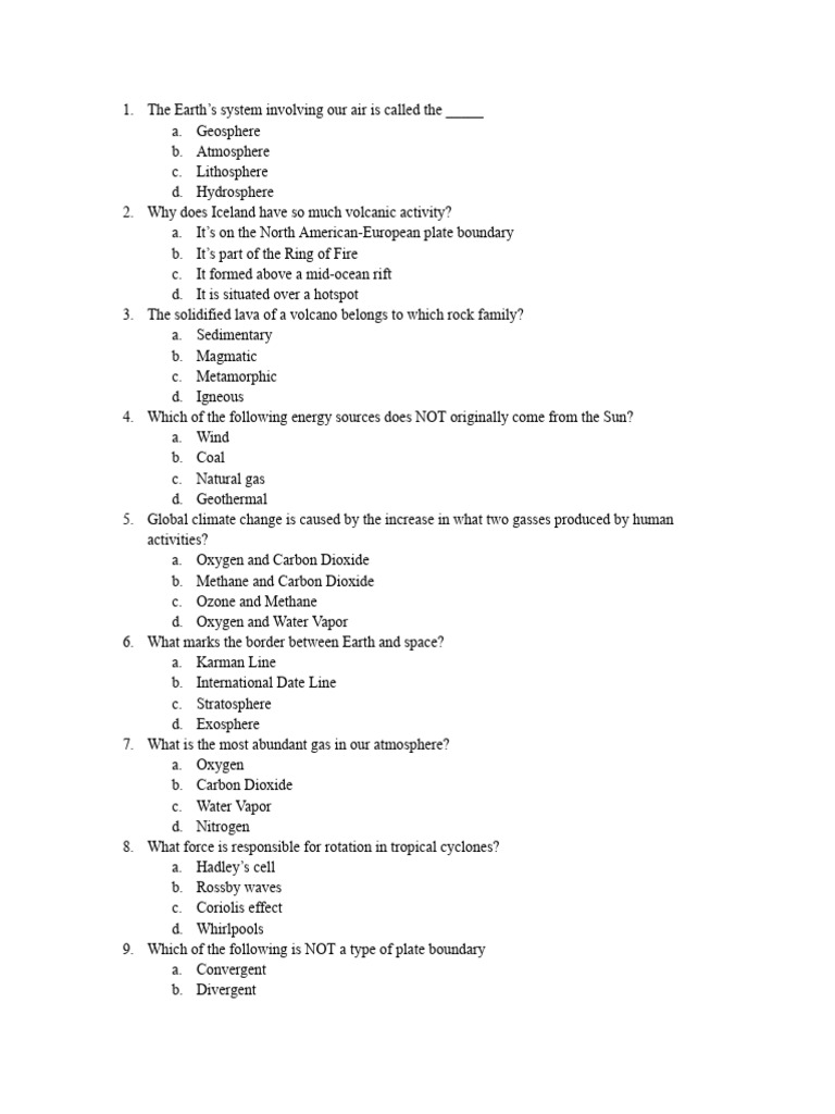 Earth Science Quiz Questions | PDF | Earth | Plate Tectonics