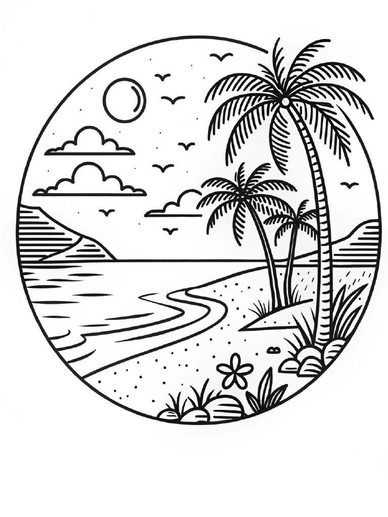 Beach colouring page PDF