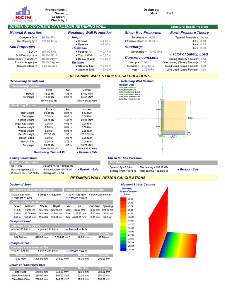 Concrete Cantilever Retaining Wall Design | PDF | Structural ...
