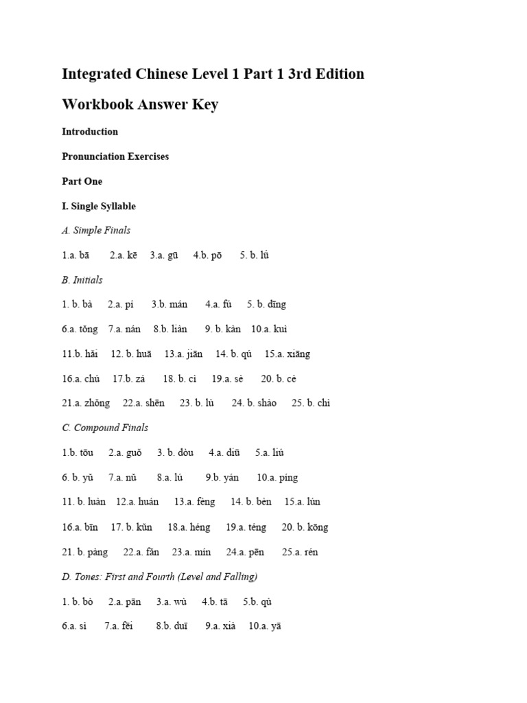 Integrated Chinese Level 1 Workbook Answers | PDF