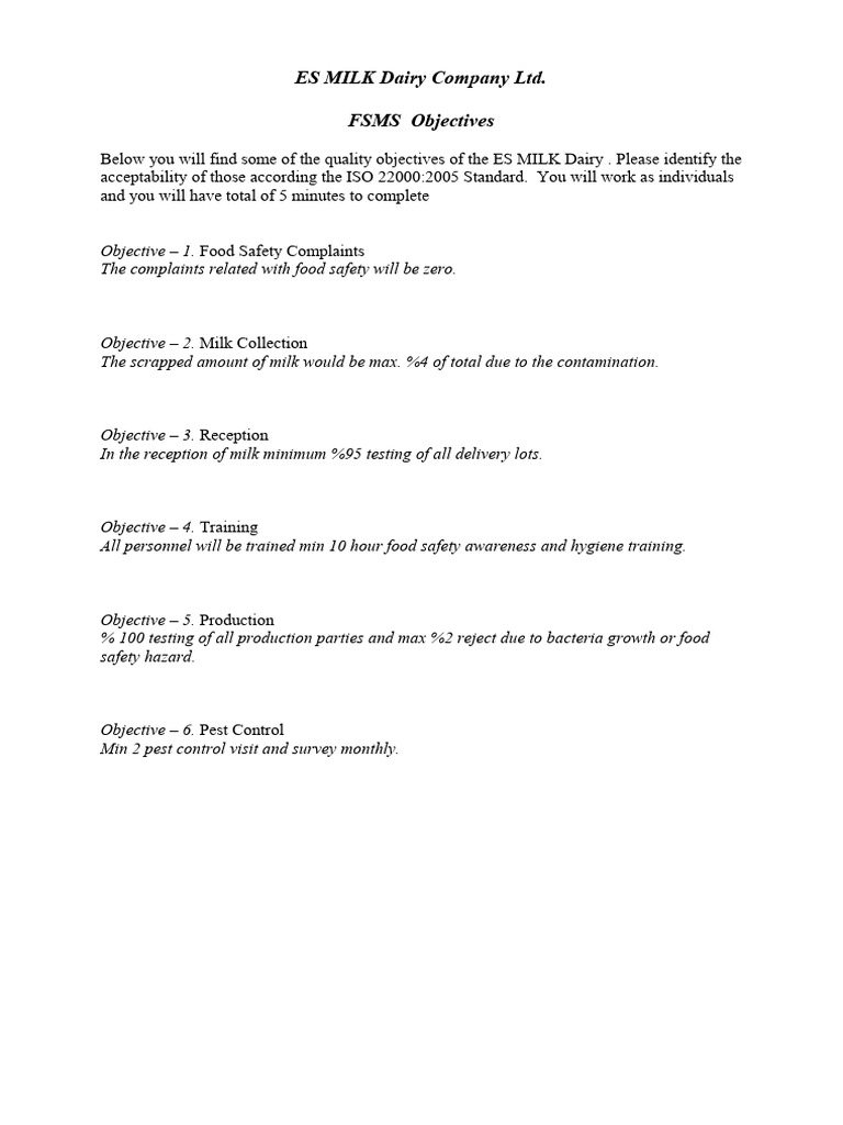 FSMS Objectives for ES MILK Dairy | PDF