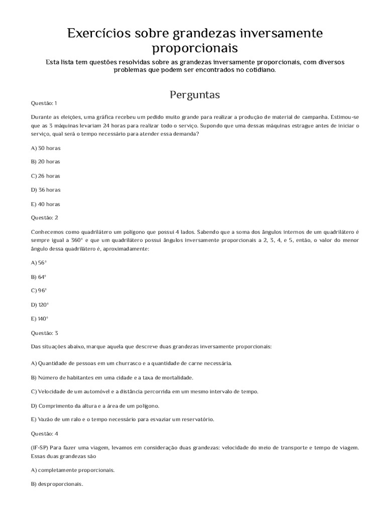 Exercícios de Grandezas Inversamente Proporcionais | PDF | Tempo