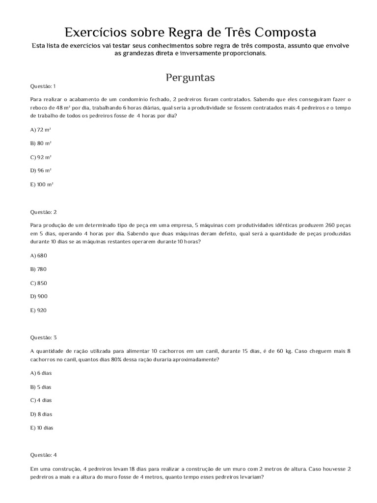 Exercícios de Regra de Três Composta | PDF | Tempo