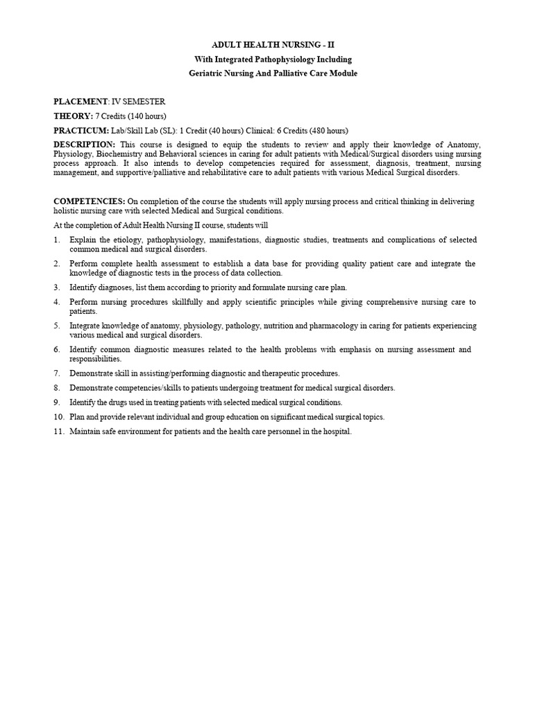 Adult Health Nursing II Syllabus | PDF | Neurology | Intensive Care ...