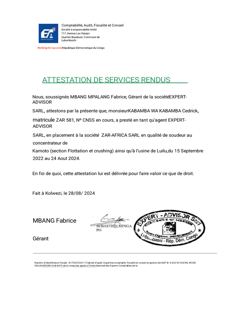 Attestation de services rendus à ZAR-AFRICA | PDF