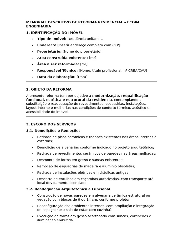 Memorial Descritivo de Reforma Residencial | PDF | Iluminação pública ...