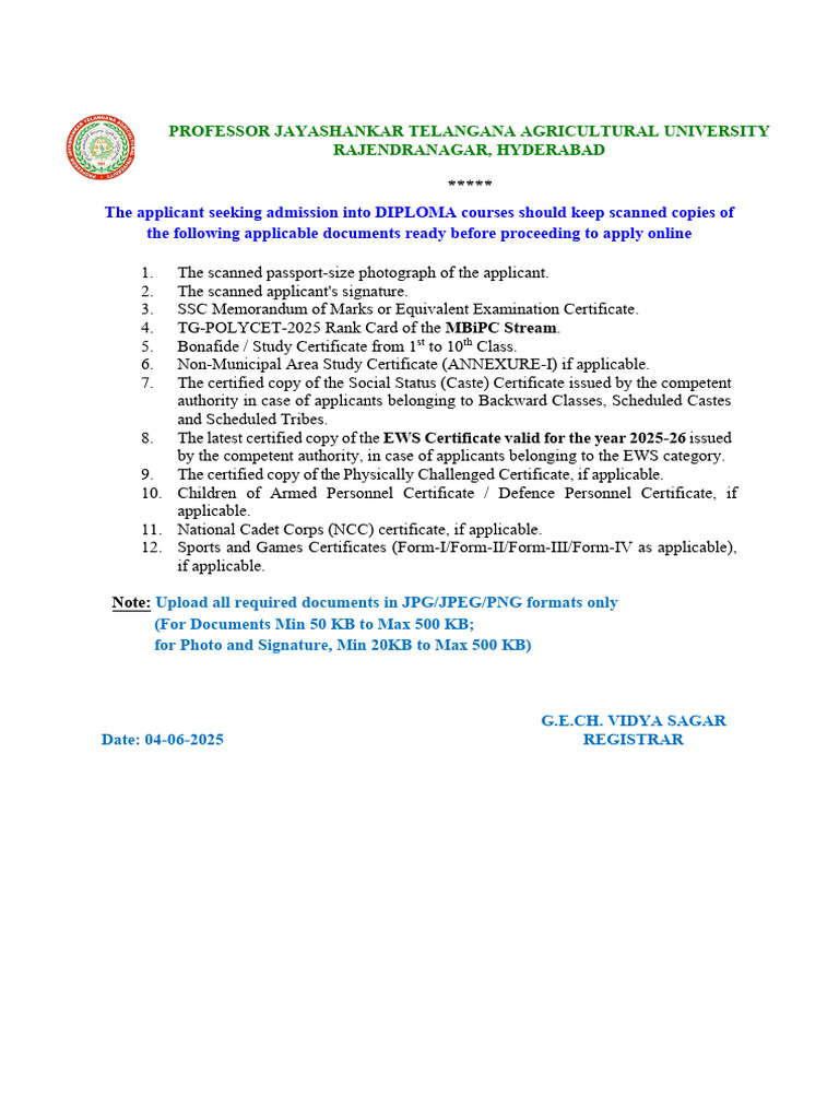 Diploma Admission Document Requirements | PDF