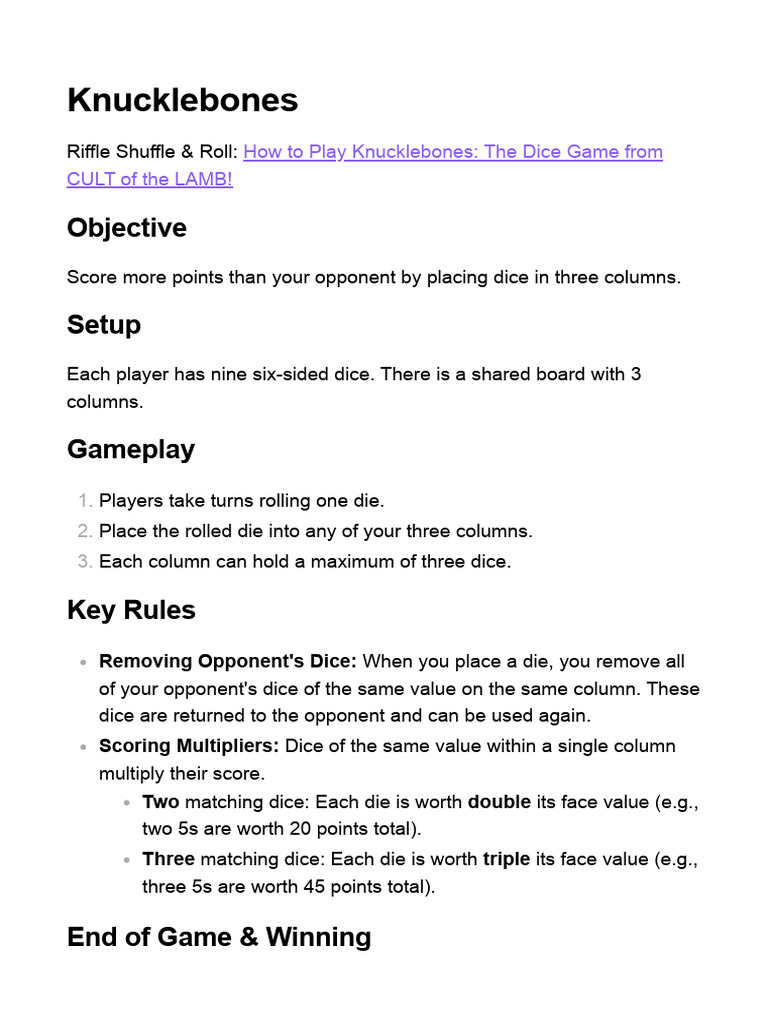 Knucklebones Game Rules and Scoring | PDF