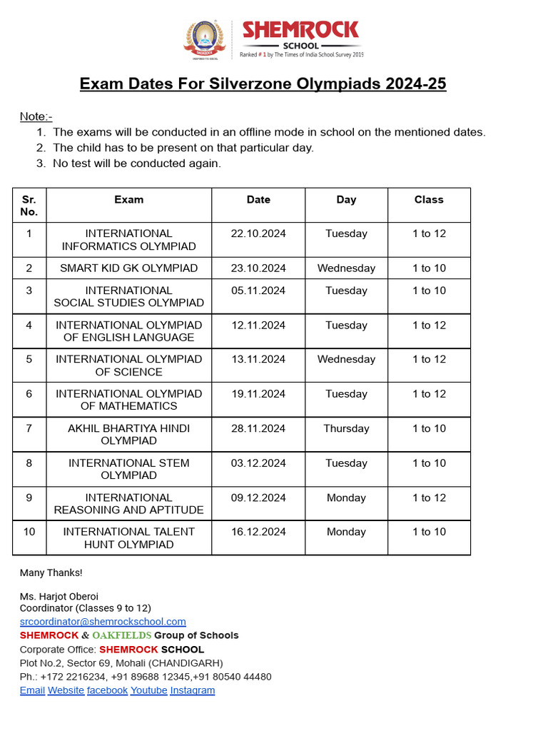 Circular 20240918215723 Exam Dates For Silverzone Olympiads 2024-25 | PDF