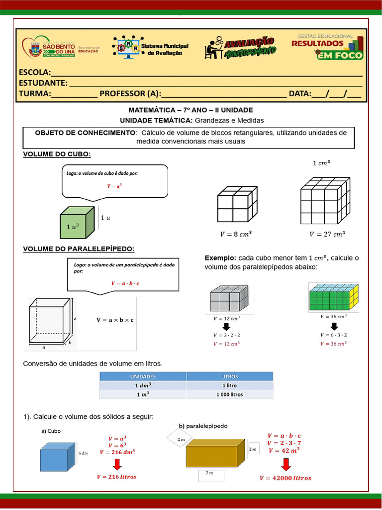 Cálculo de Volume de Blocos Retangulares | PDF | Litro | Volume