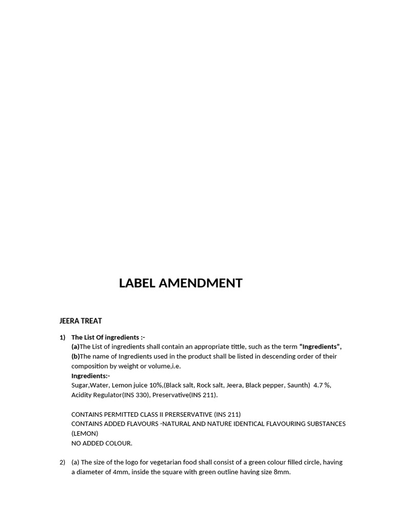 Jeera Treat Label Amendment Guidelines | PDF