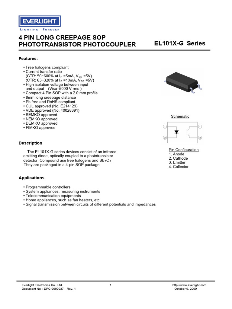 EL101X-G Phototransistor Coupler Specs | PDF | Electricity | Electrical ...