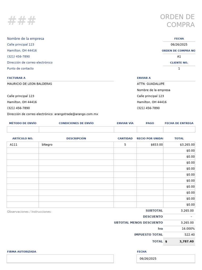 Orden de Compra: Detalles y Total | PDF | Pagos