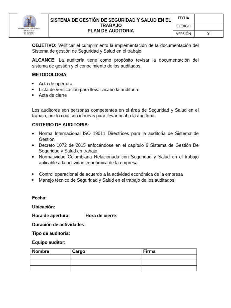 Plan de Auditoría en Seguridad y Salud laboral | PDF