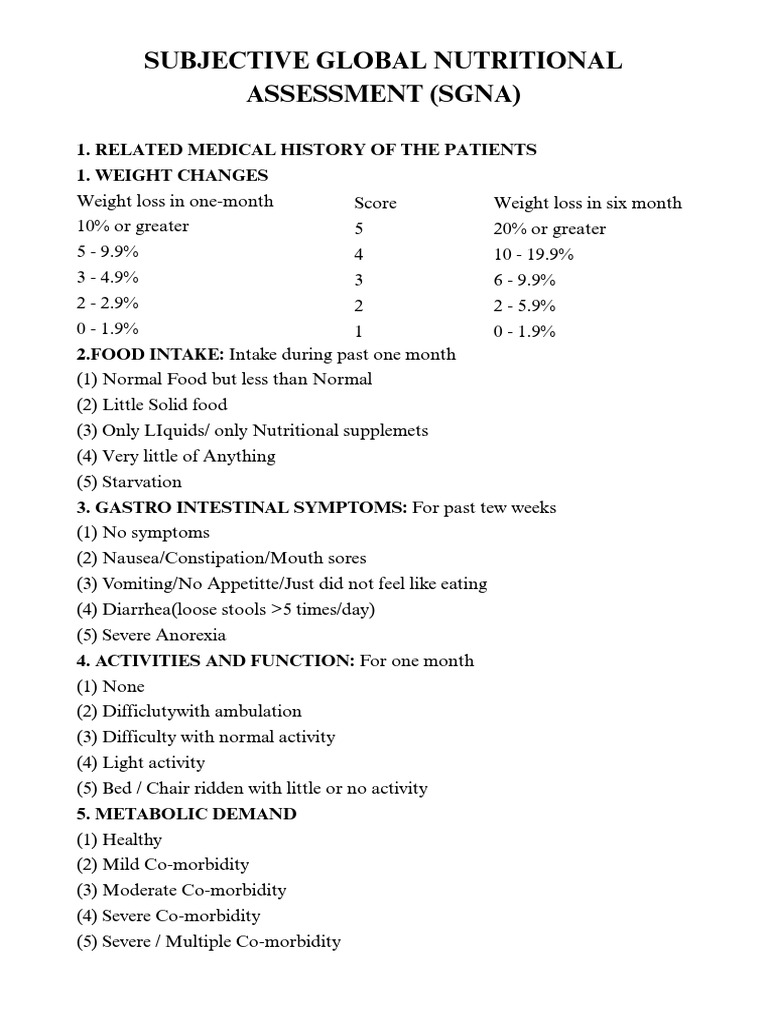 Subjective Global Nutritional Assessment | PDF | Weight Loss | Malnutrition