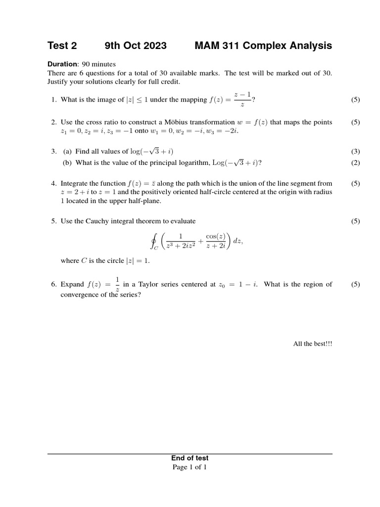 MAM 311 Complex Analysis Test Overview | PDF
